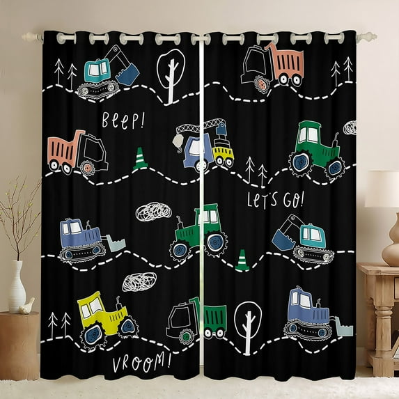 Tractor Curtains Funny Dinosaur Curtains & Drapes, Cartoon Truck Blackout Curtains Kawaii Dino Living Room Curtains, Equipment Truck Theme Window Treatments Car Bedroom Decorative Black