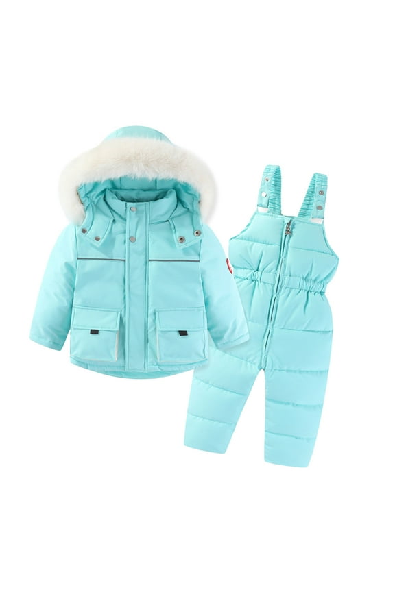 Child Boys Girls Ski Match Outfits Sets Jackets Coveralls Cute Print Hood Winter Thick Warm Puffer Hooded Pullover Clothes,Light Blue,5 Years