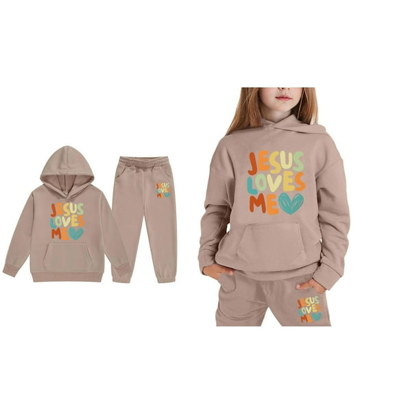 Child Jesus Loves You Hoodies Long Sleeve Cute Graphic Hoodies Oversize Pullover and Jogger Pants 2 Pcs Fall Winter Clothes Kids New Year Sweatshirts 8-9 Years