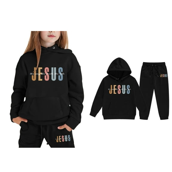 Child Boys Jesus Loves You Hoodies Long Sleeve Fashion Graphic Hoodies Girls Oversize Pullover Jogging Pants 2 Piece Fall Winter Clothes Teen Outfits for Girls 8-9 Years Trendy