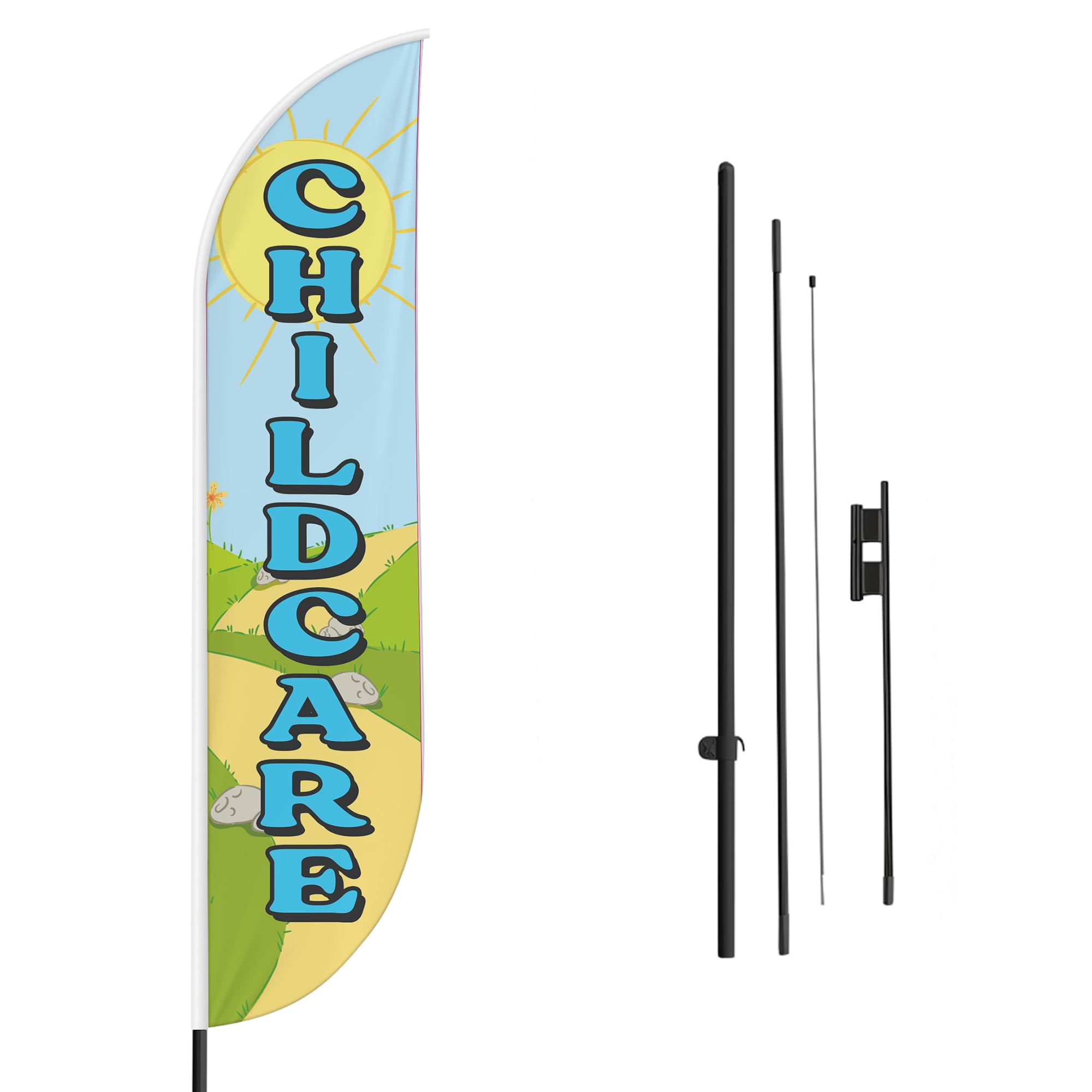 Child Care Sign feather flag Pole Mount for Outdoor by Mavis Print | 15 FEET Long Outdoor Banner Flag Mount for Easy Hang | HD Print Swooper Flag Stand forChild Care Advertising | Made in USA