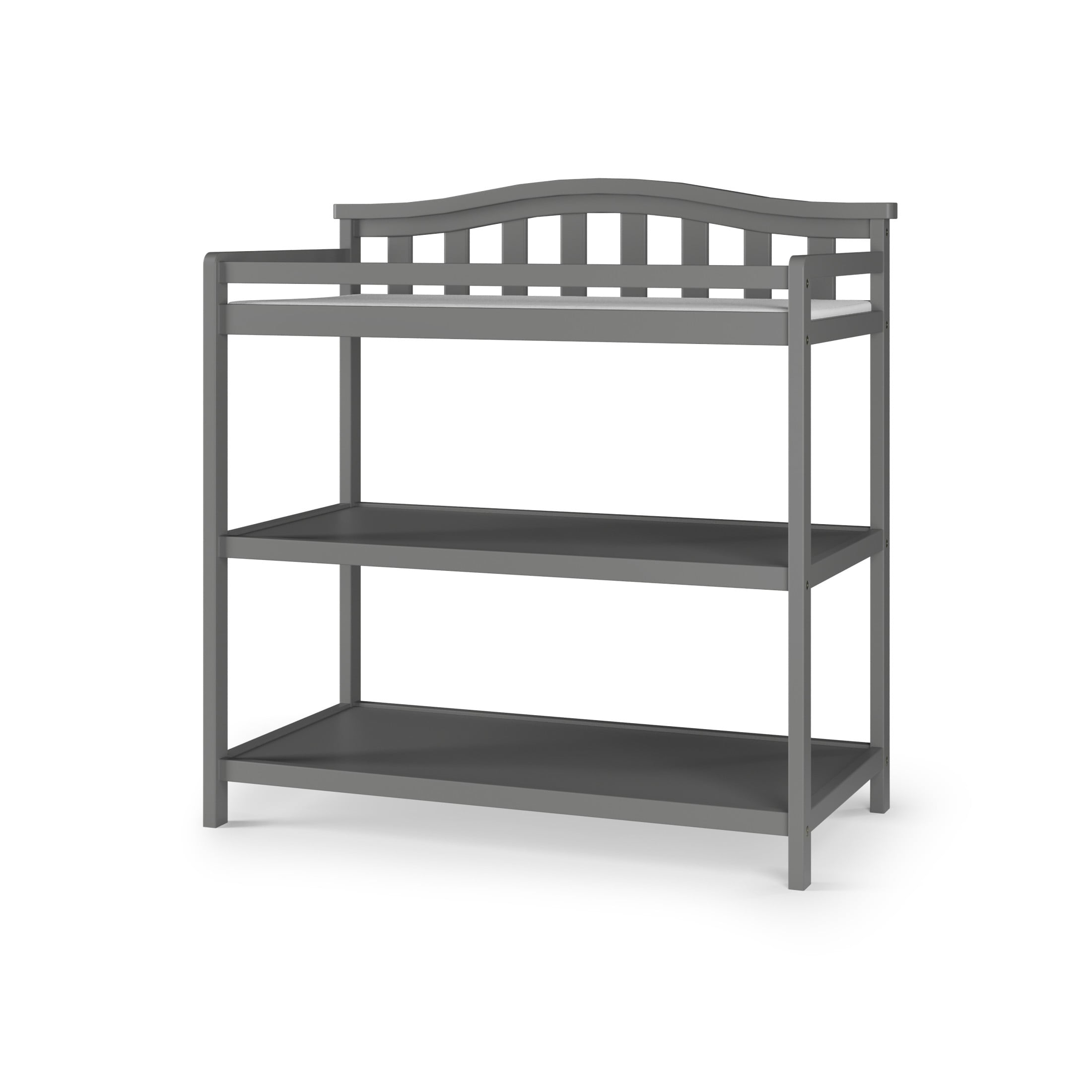 Child Craft Arch Top Changing Table with Pad & Safety Strap, 2 Storage Shelves, Anti-Tip Kit, Cool Gray