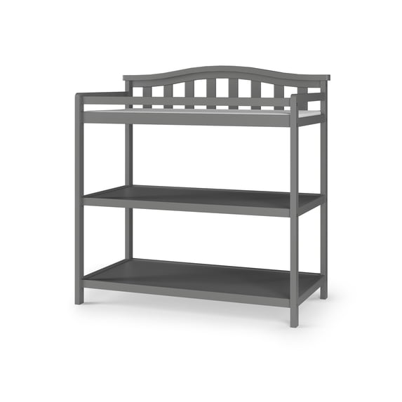 Child Craft Arch Top Changing Table with Pad & Safety Strap, 2 Storage Shelves, Anti-Tip Kit, Cool Gray