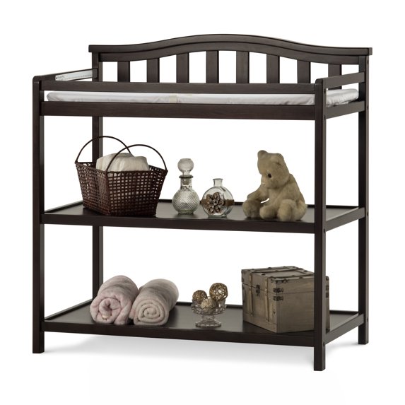 Child Craft Arch Top Changing Table with Pad & Safety Strap, 2 Storage Shelves, Anti-Tip Kit, Jamocha