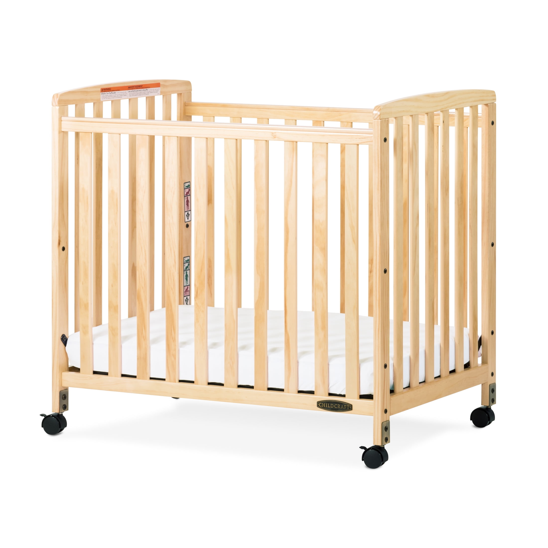 Child Craft Bristol Compact Portable Crib with 3" Mattress, Durable Wood Frame, Quiet Casters, Natural