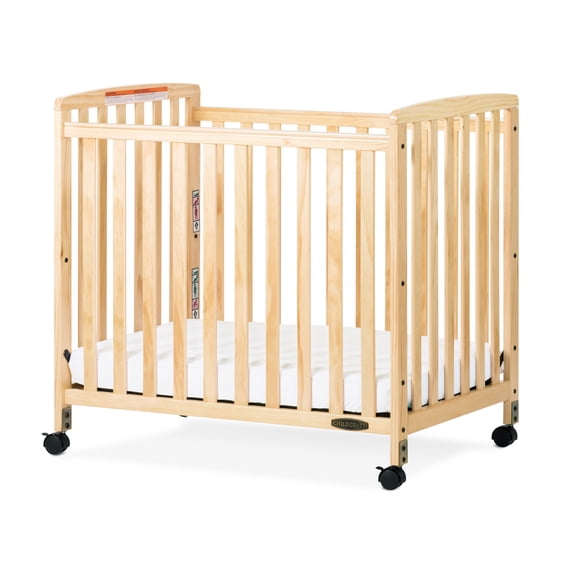 Child Craft Bristol Compact Portable Crib with 3" Mattress, Durable Wood Frame, Quiet Casters, Natural