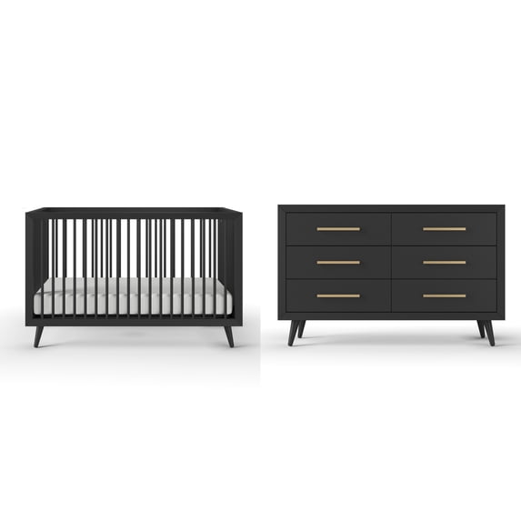 Child Craft Cranbrook Crib and Dresser Nursery Set, 4-in-1 Convertible Crib with 6-Drawer Dresser, Ebony, 2-Piece