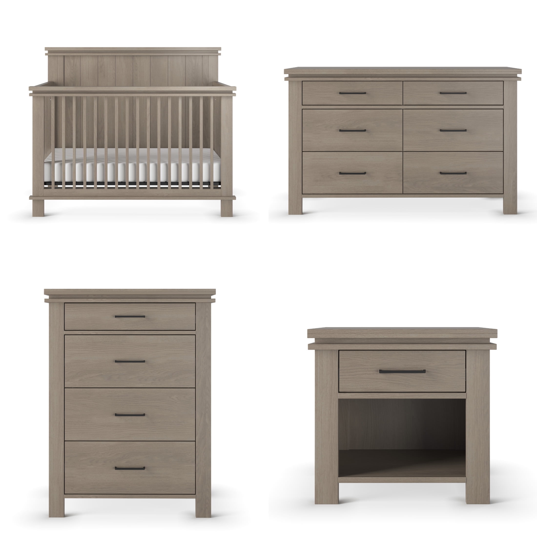 Child Craft Denman Crib, Dresser, Chest & Nightstand Nursery Set, 4-in-1 Convertible Crib, Crescent Gray, 4-Piece