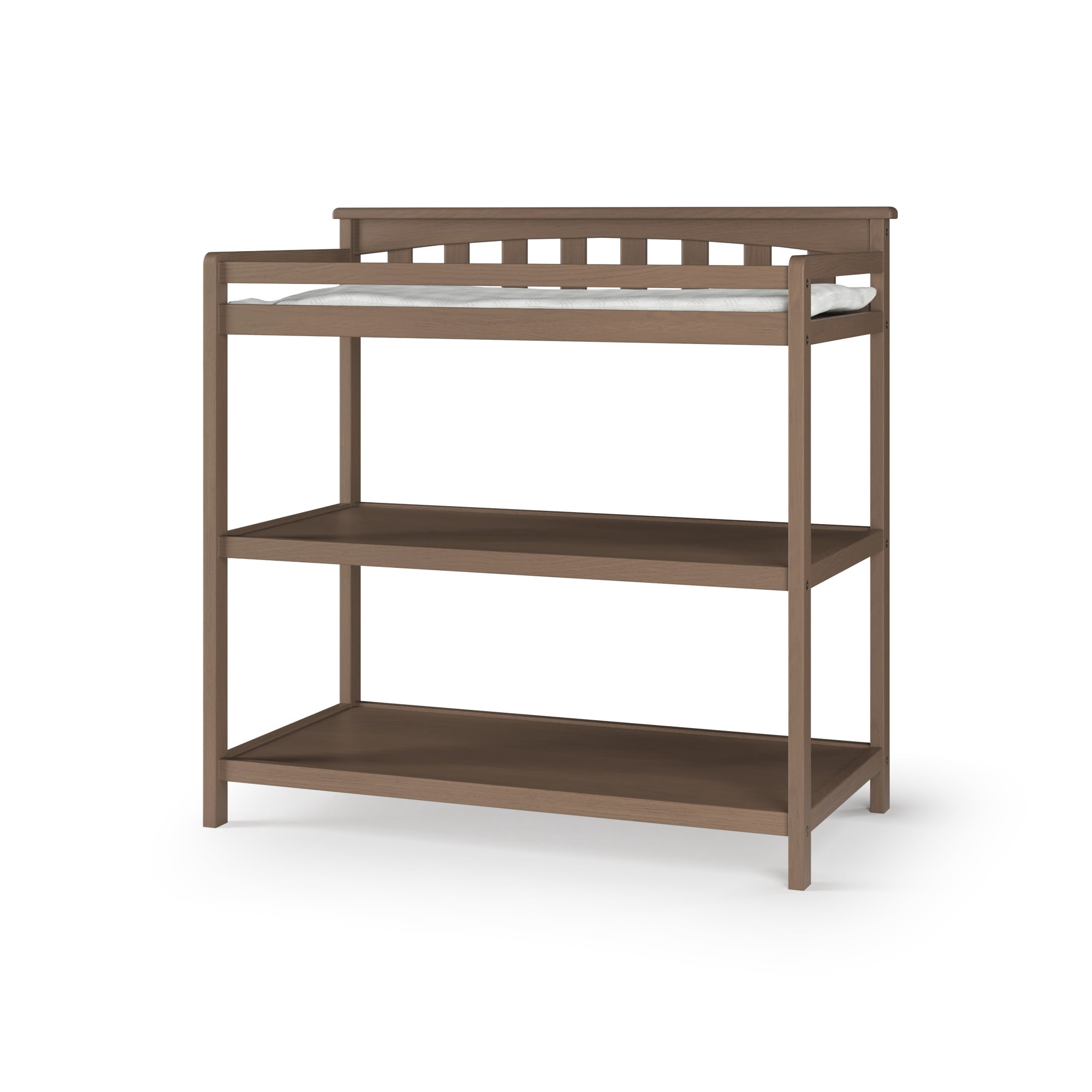 Child Craft Flat Top Changing Table with Pad & Strap, 2 Storage Shelves, Anti-Tip Kit, Dusty Heather