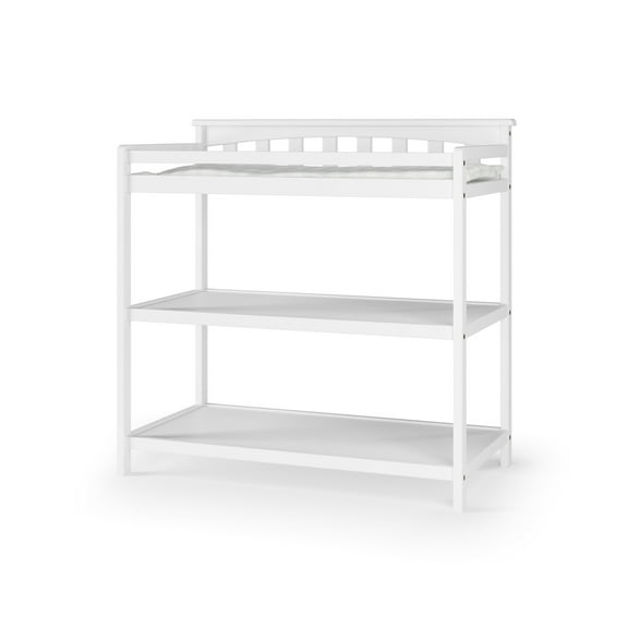 Child Craft Flat Top Changing Table with Pad & Strap, 2 Storage Shelves, Anti-Tip Kit, Matte White