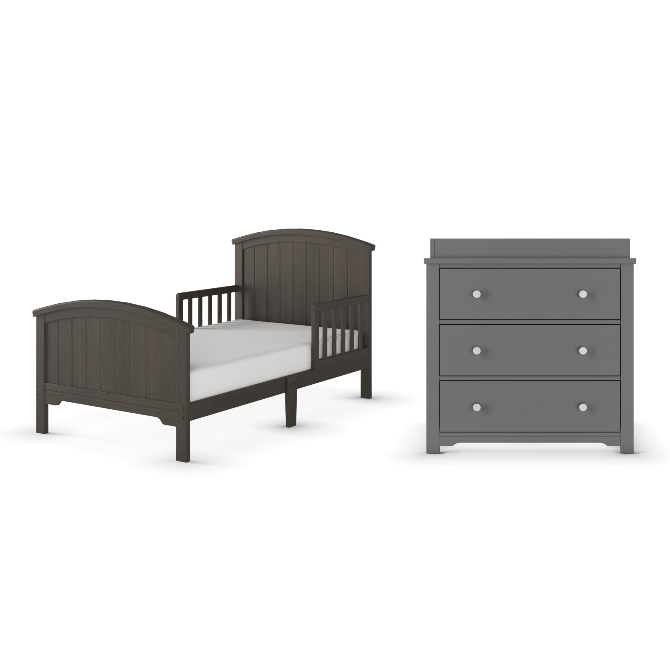 Child Craft Hampton Toddler Bed and Dresser Bedroom Set, Pine Wood Construction, Cool Gray, 2-Piece