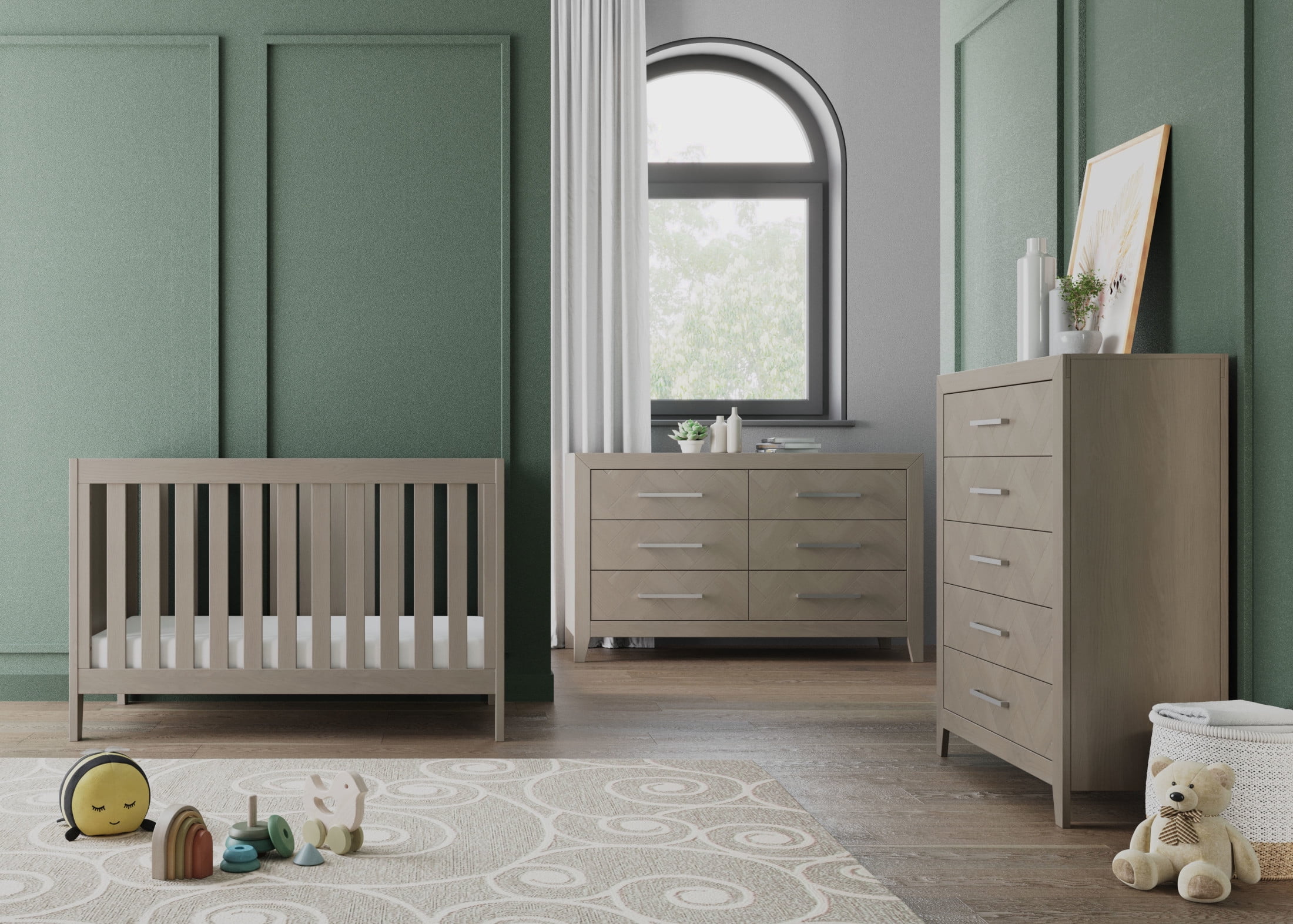 Child Craft Kieran Euro Crib, Dresser & Chest Nursery Set, 3-in-1 Convertible Crib, Crescent Gray, 3-Piece