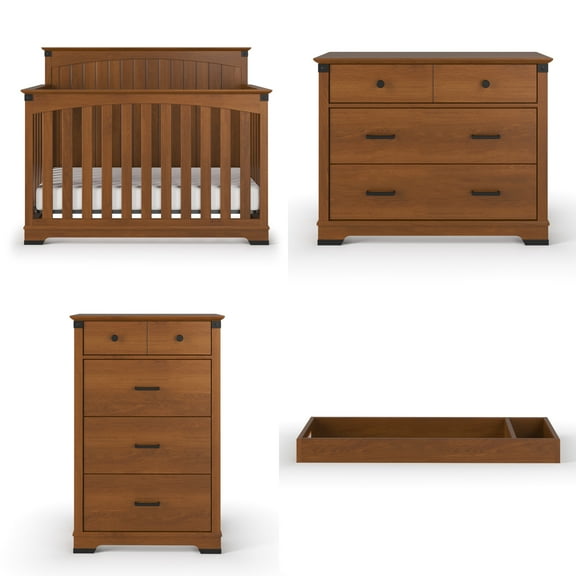 Child Craft Redmond Crib, Dresser, Topper & Chest Nursery Set, 4-in-1 Convertible Crib, Coach Cherry, 4-Piece