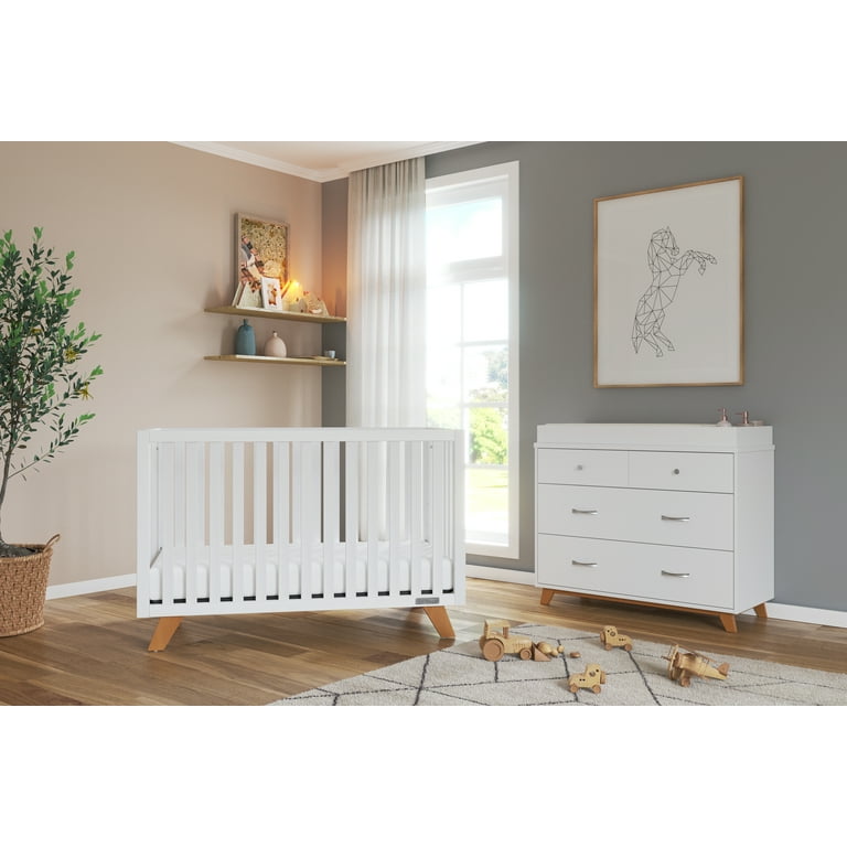 Child Craft SOHO 2 Piece Nursery Furniture Set 4 in 1 Convertible Crib and Changing Table Dresser White Natural