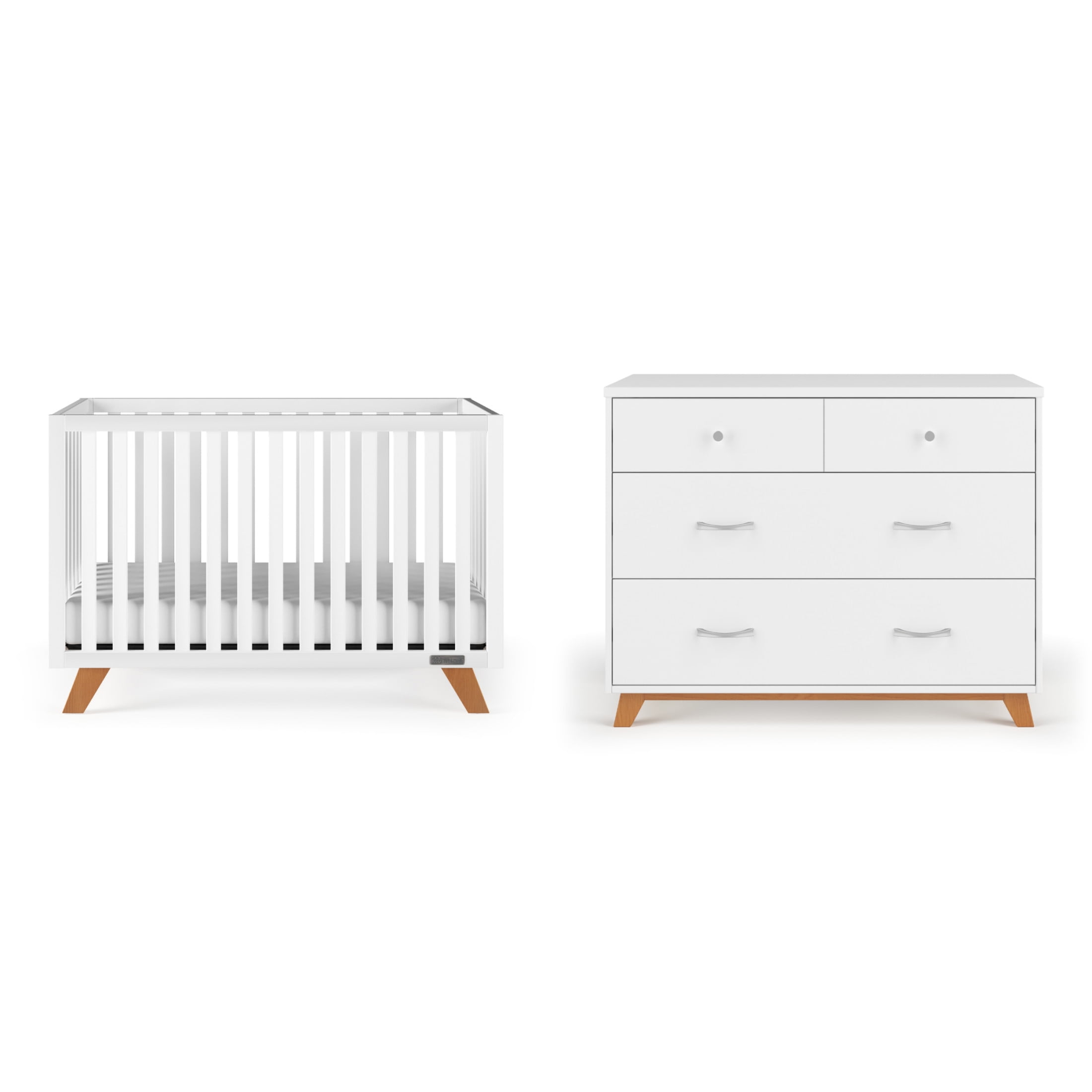 White and Natural Pine Convertible Crib and Dresser Set
