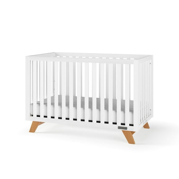 Child Craft SOHO 4-in-1 Convertible Crib, Canted Leg Mid-Century Design, 3 Mattress Heights, White/Natural