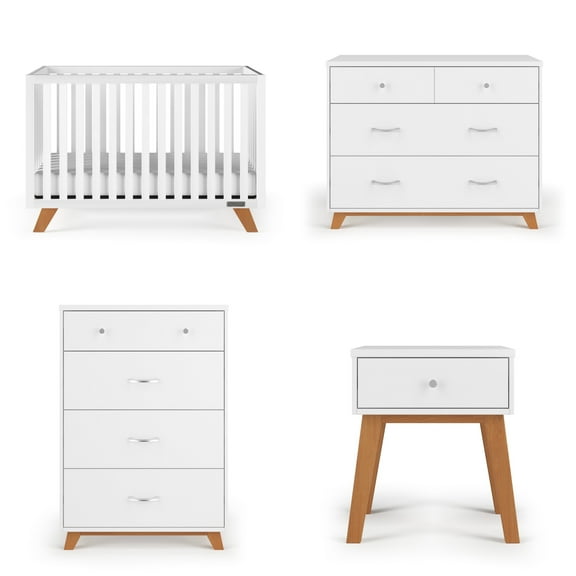 Child Craft SOHO Crib, Dresser, Chest & Nightstand Nursery Set, 4-in-1 Convertible Crib, White/Natural, 4-Piece