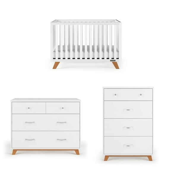 Child Craft SOHO Crib, Dresser & Chest Nursery Set, 4-in-1 Convertible Crib, White/Natural, 3-Piece