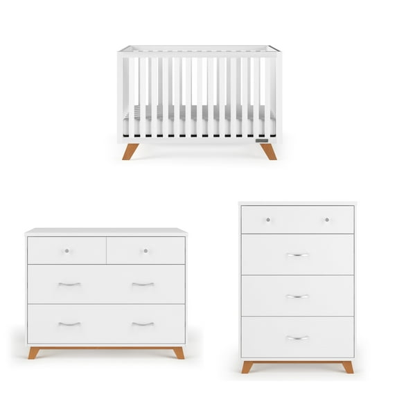 Child Craft SOHO Crib, Dresser & Chest Nursery Set, 4-in-1 Convertible Crib, White/Natural, 3-Piece