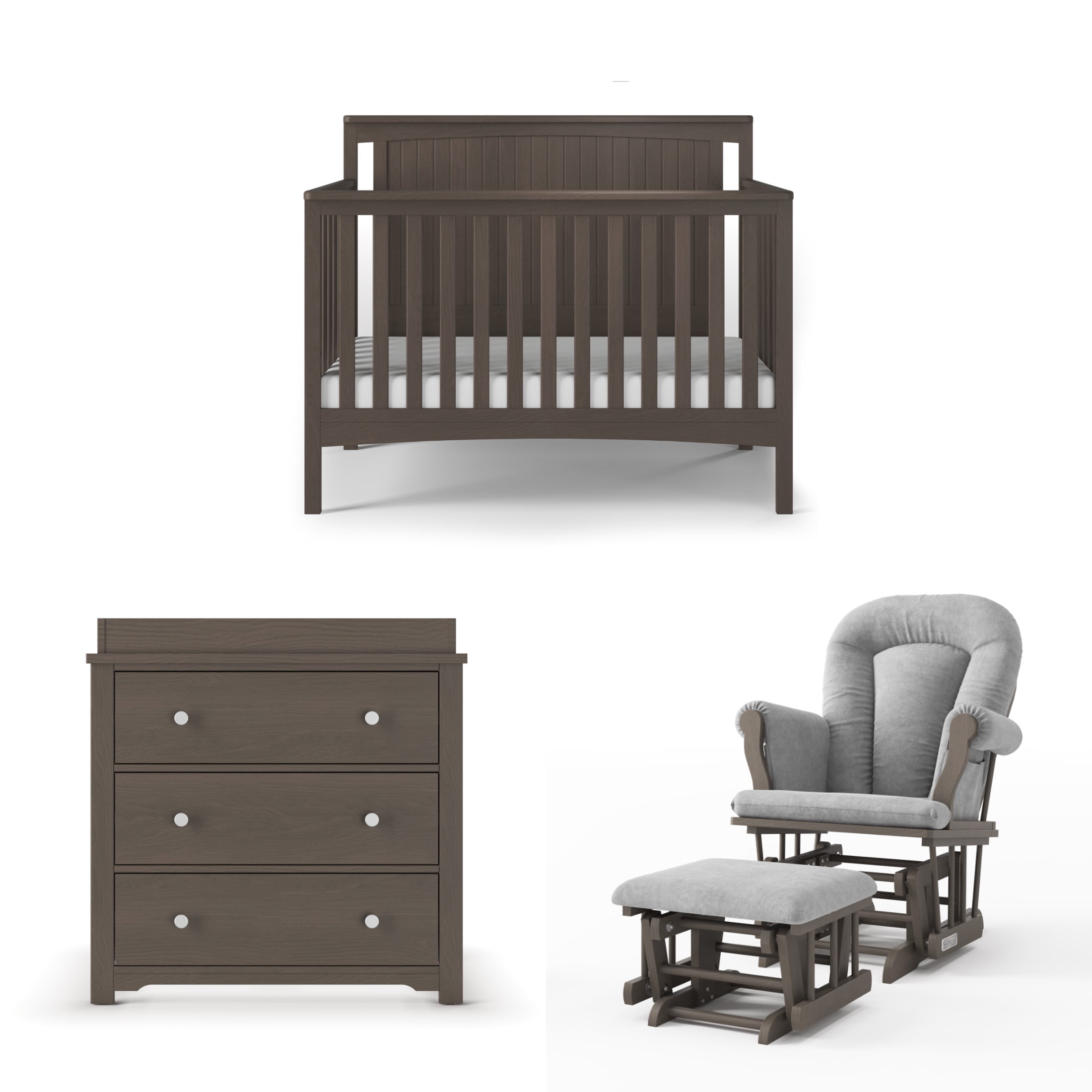 Child Craft Scout Crib, Dresser and Glider Nursery Set, 4-in-1 Convertible Crib with Rocker, Dapper Gray, 3-Piece