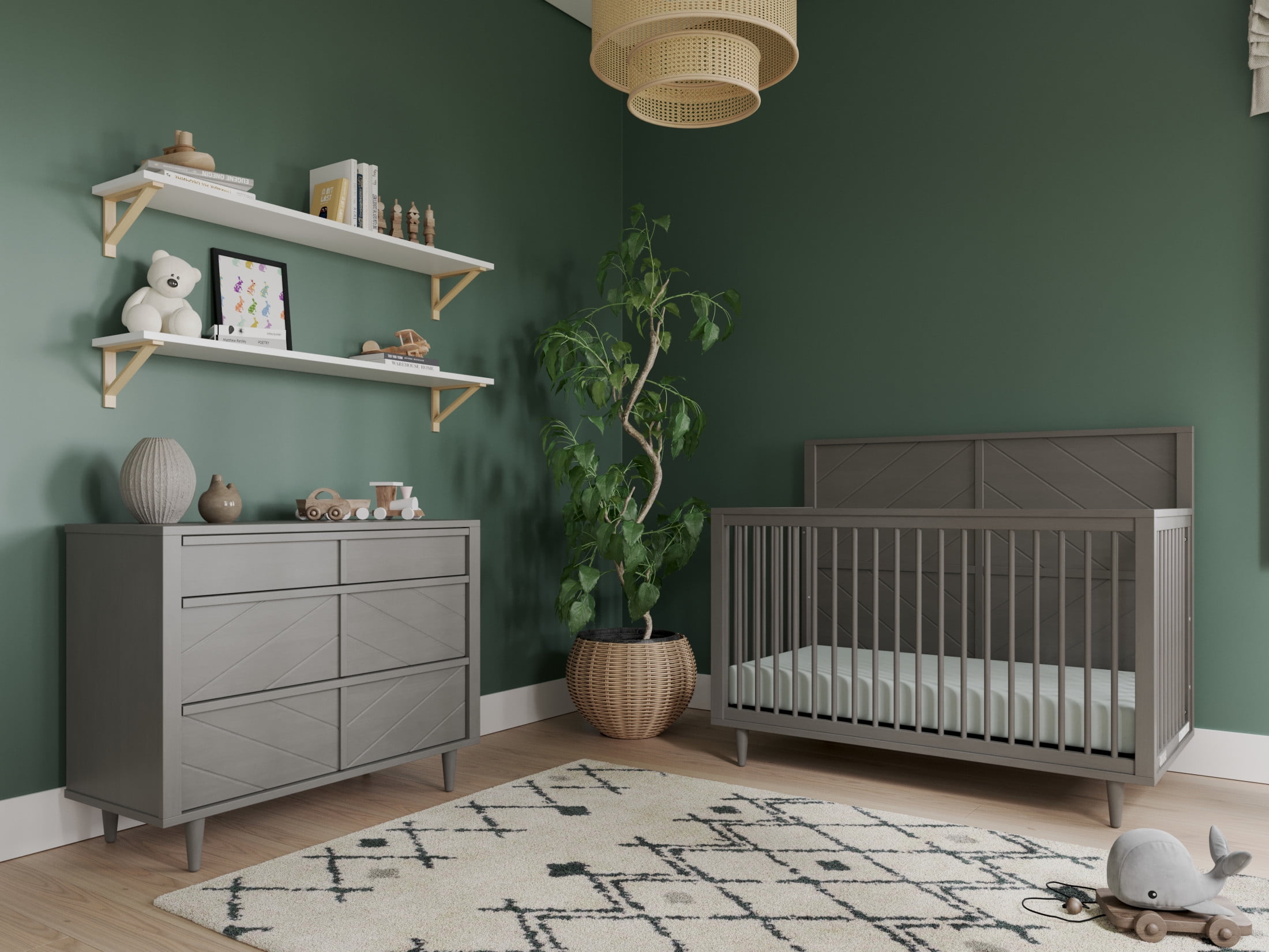 Lunar Gray Pine Wood 4-in-1 Convertible Crib and Dresser Set