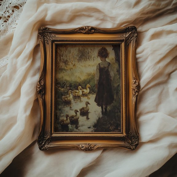 Child With Ducklings Muted Farmhouse Art Neutral Print Poster Cottagecore Decor Poster Child'S Room Farmhouse Art Poster Warm Present Vintage UNFRAMED Poster Size 8x12