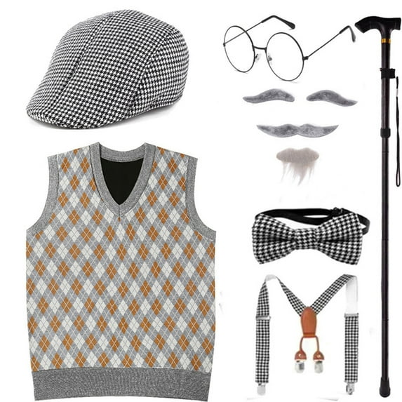 Child Elderly Costume Set 100 Days to School Costume Grandpa Set Multi-Parts