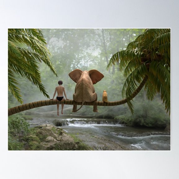 Child, Elephant Elephant And Dog Sit On A Palm Tree In Tropical Forest Poster Wall Art, Modern Wall Decor For Living Room Bedroom, 8x12 UNFRAMED
