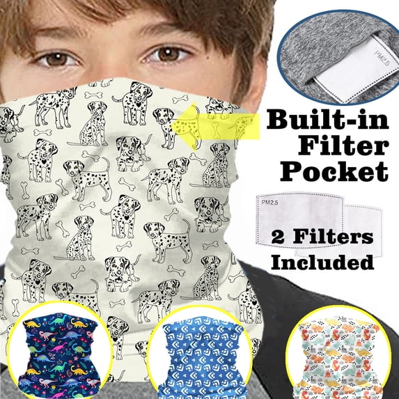 Child Face Covering with Filter Pocket, Reusable Face Mask with 2 Filters, Washable Cooling Neck Giater, Dalmatian Dog - CLEANBREATH™