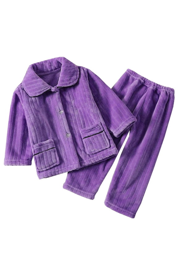 Child Fleece Pajama Sets Button Down Long Sleeve Shirt And Long Pants Boys Girls Solid Color Loungewear 2PCS Comfy Child Dailywear