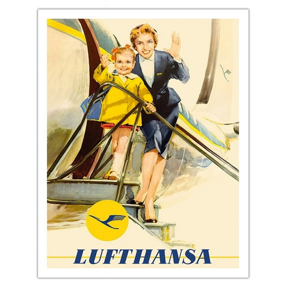 Child & Flight Attendant - Lufthansa German Airlines - Vintage Airline Travel Poster by Walter Rau c.1950s - Fine Art Matte Paper Print (Unframed) 11x14in