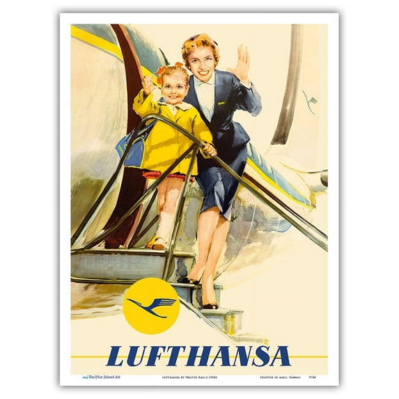 Child & Flight Attendant - Lufthansa German Airlines - Vintage Airline Travel Poster by Walter Rau c.1950s - Master Art Print (Unframed) 9in x 12in
