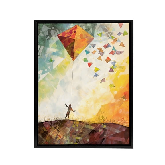 Child Flying Big Kite In Rainbow Sky Black Framed Canvas Wall Art Print 18X24"