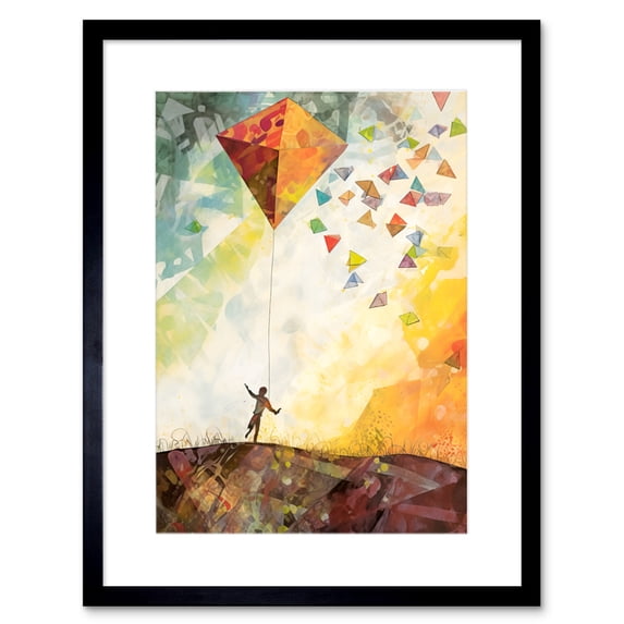 Child Flying Big Kite in Rainbow Colour Sunset Sky Artwork Framed Wall Art Print 9X7 Inch