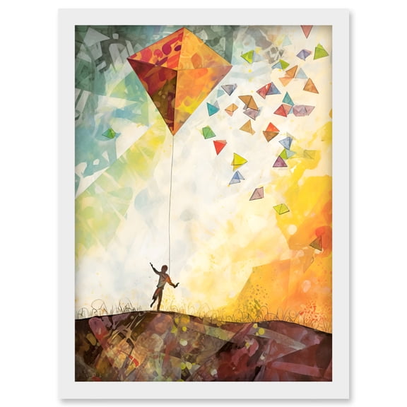 Child Flying Big Kite in Rainbow Colour Sunset Sky Artwork Framed Wall Art Print A4