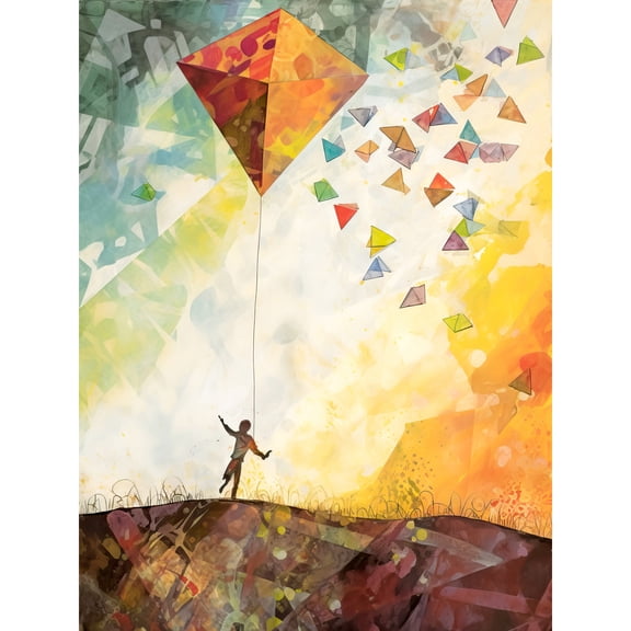 Child Flying Big Kite in Rainbow Colour Sunset Sky Extra Large XL Wall Art Poster Print
