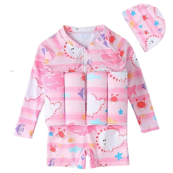 Child Girl Boy Short Sleeve One Piece Floation Swimsuit Cap Buoyancy Swimwear,2-6T