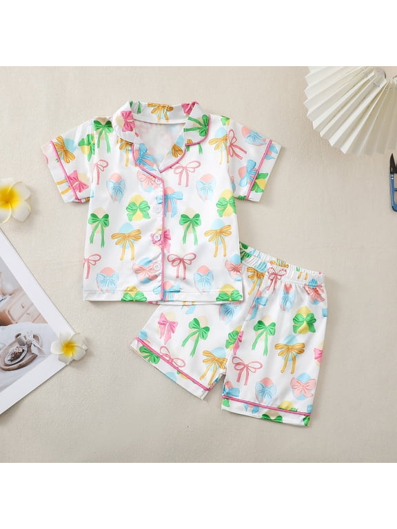Child Girl Pajamas 2Pc Colorful Bow Pattern Button-Down Notched Collar Short Sleeve Top & Soft Wide Leg Shorts for Summer Family Time Sweet Homewear,White,3-5 Years