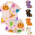 thumbnail image 1 of Child Girl Pajamas Cartoon Halloween Pumpkin & Star Pattern Short Sleeve Notched Collar Button Down Relaxed Fit 2Pc Summer Autumn Pajama Parties Casual Nightwear,Pink,11-12 Years, 1 of 5