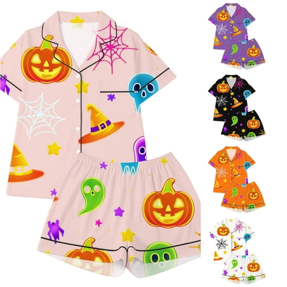 Child Girl Pajamas Cartoon Halloween Pumpkin & Star Pattern Short Sleeve Notched Collar Button Down Relaxed Fit 2Pc Summer Autumn Pajama Parties Casual Nightwear,Pink,11-12 Years