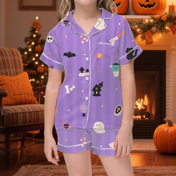 Child Girl Pajamas Cartoon Halloween Themed Pattern Short Sleeve Notch Collar Button Down Loose Relaxed Fit 2Pc Summer Family Time Stylish Homewear,Purple,12-13 Years