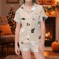 thumbnail image 1 of Child Girl Pajamas Cartoon Halloween Themed Pattern Short Sleeve Notch Collar Button Down Loose Relaxed Fit 2Pc Summer Nights Adorable Homewear,Beige,12-13 Years, 1 of 3