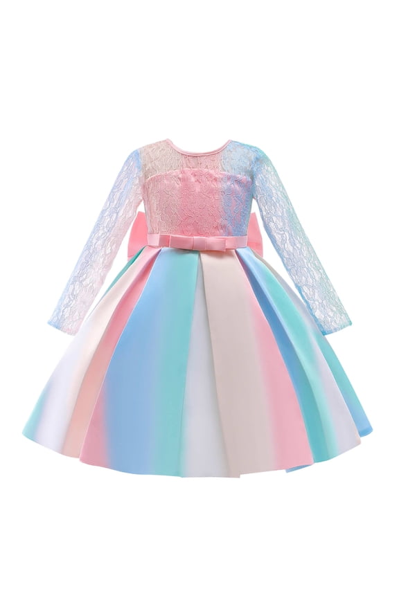 Child Girls Bowknot Multicolor Pageant Dress Birthday Party Kids Lace Rainbow Gown Princess Dress
