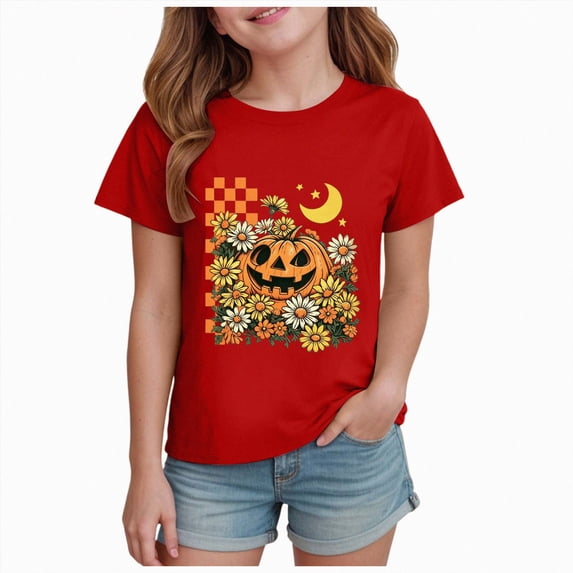 Child Girls Halloween Shirts for Girls Spooky Pumpkin Short Sleeve Shirts Kids Crewneck Tops Halloween Gifts Little Kids Tops Size 7-8 Years