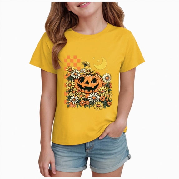 Child Girls Halloween Shirts for Girls Spooky Pumpkin Short Sleeve Shirts Kids Crewneck Tops Halloween Gifts Little Kids Tops Size 7-8 Years