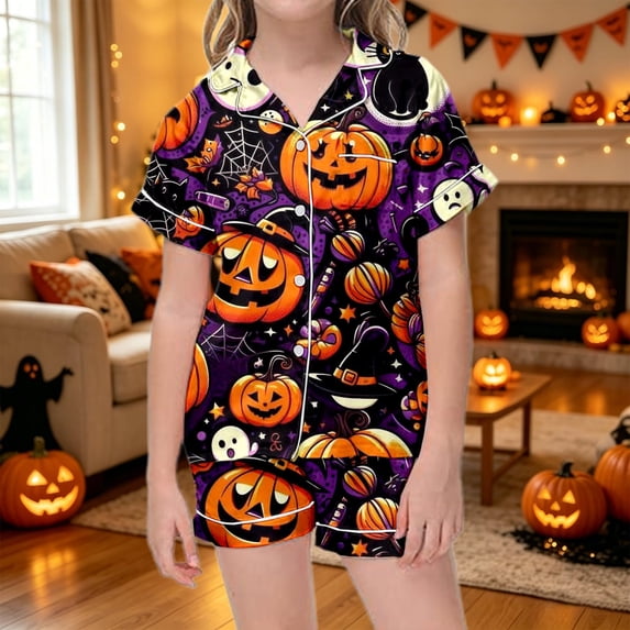 Child Girls Pajamas Cute Halloween Themed Cartoon Pumpkin Pattern Short Sleeve Notch Collar Button Down Relaxed Fit 2Pc Summer Pajama Parties Stylish Nightwear,Purple,2-3 Years
