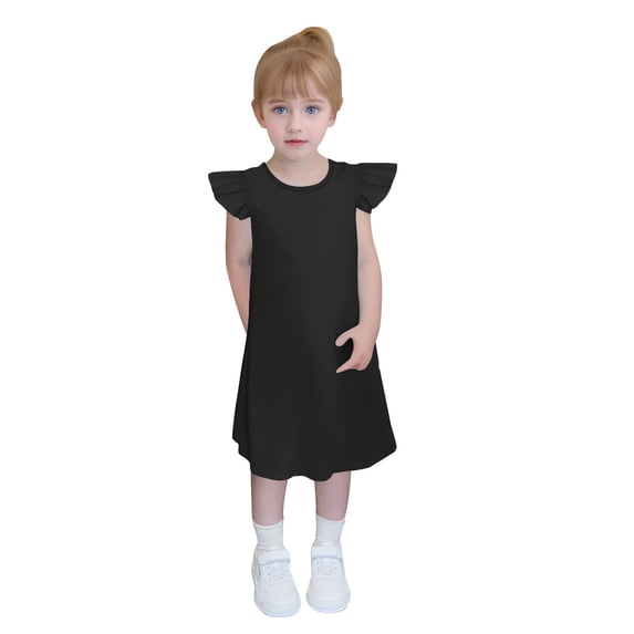 Child Girls Ruffle Dress Solid Color A-Line Flowy Skater Dress Summer Cotton Sleeveless Dress Midi Sundress Kids Long Dresses Black 9Y