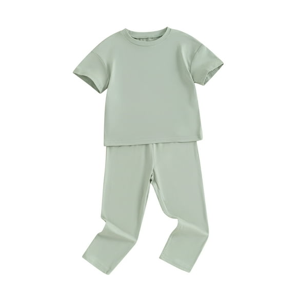 Child Girls Summer 2PCS Pants Sets Short Sleeve Crewneck T-shirt Solid Color Casual Pants
