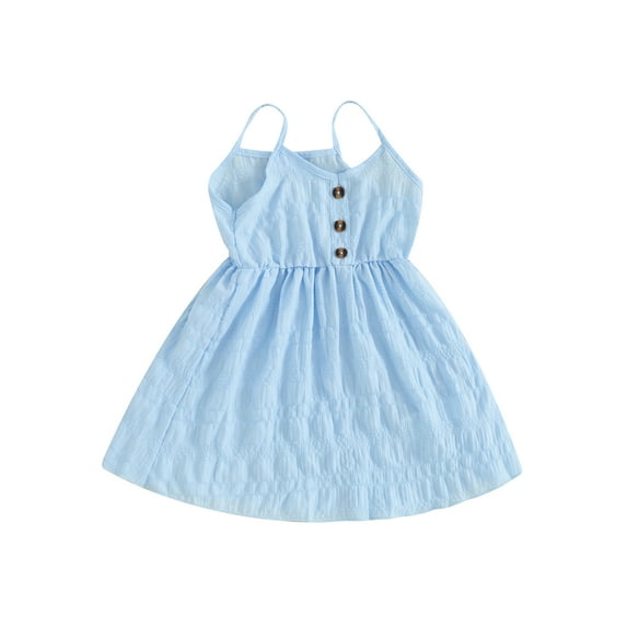 Child Girls Summer Sleeveless Dress, Solid Color Spaghetti Strap V-Neck Front Button A-Line Dress