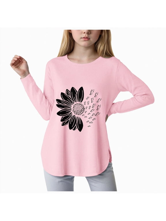 Child Girls T Shirts long Sleeve Curve Hem Tee Floral Cute Shirts Tops for Girls Fall Winter Clotehs Tops for 5T 6T 7T 8T 10T 11T 12T 13T 14T Kids Girls Tops